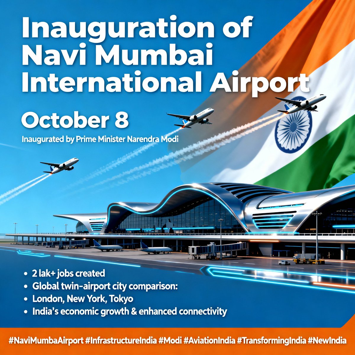 dr_rpsingh1's tweet image. 🇮🇳 A Historic Takeoff for India’s Aviation Sector ✈️
Prime Minister Narendra Modi will inaugurate the Navi Mumbai International Airport on October 8, marking a transformative milestone in India’s infrastructure journey.
🌍 The world-class facility will:
🚀 Generate over 2 lakh…