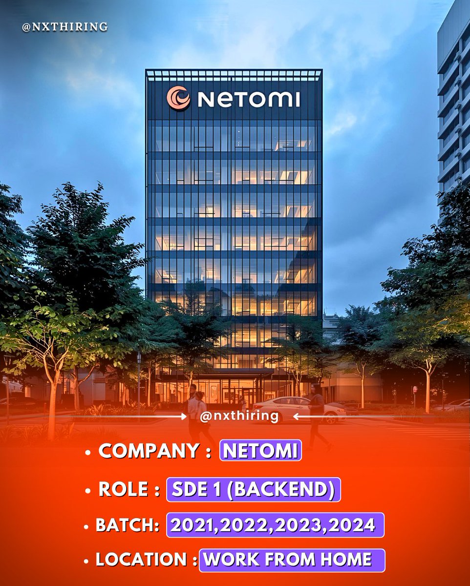 NxtHiring's tweet image. 🚨 Netomi is Hiring – SDE 1 (Backend)
📆 Batch: 2021–2024
🏡 Location: Work From Home
💬 Apply Link : tinyurl.com/yc2t6xun
🔁 Follow @Nxthiring for more daily job updates 🚀
#Netomi #Hiring #BackendDeveloper #SDE1 #WFHJobs #RemoteJobs #TechJobs #Nxthiring
