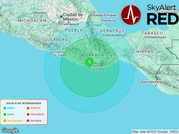 SkyAlertMx's tweet photo. #SismoFinalizado
  Intensidad 🟢“LEVE”🟢 en #PuertoEscondido, Oax.
  Recibiste la notificación si estás dentro de los radios de alertamiento.
  Descarga #SkyAlert: https://t.co/utcJz1LFMg
  08:09:45 - 05/10/2025 https://t.co/xbDuoskDWS