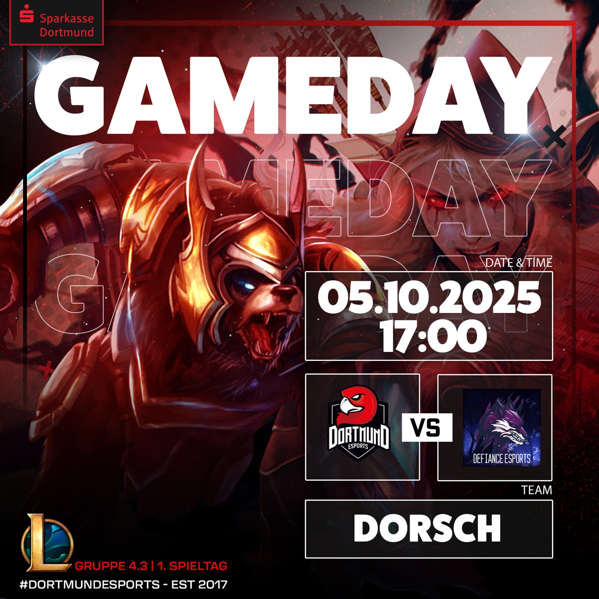 MATCHDAY 1 
Wir klauen nicht nur die Grafik sondern auch die 2 Wins
⏰ 17 UHR
🆚 <a href="/DortmundEsports/">Dortmund eSports</a>
🎙️ <a href="/Dam0n_12/">Justin Wehr</a>  + <a href="/Xempas/">Xempas</a> 
🔴www.twitchtv/d3fiance_esports or Link in the Profil      #TogetherWeHunt  🐺💜