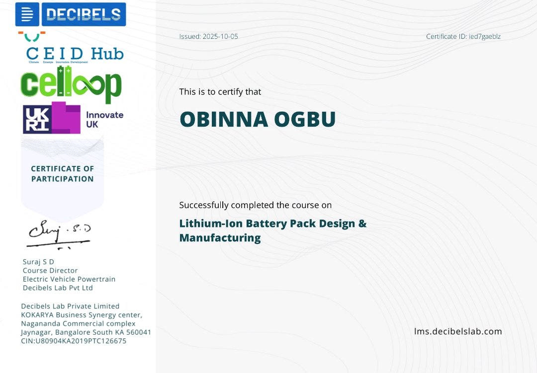 FrAngelico042's tweet image. Just completed the Battery Pack Design &amp;amp; Manufacturing Training with @DecibelVC
This program gave me practical insight into lithium-ion   battery systems 
I&apos;d like to thank  @CeidHub  for providing this incredible   opportunity to upskill 
#CleanEnergy #BatteryDesign