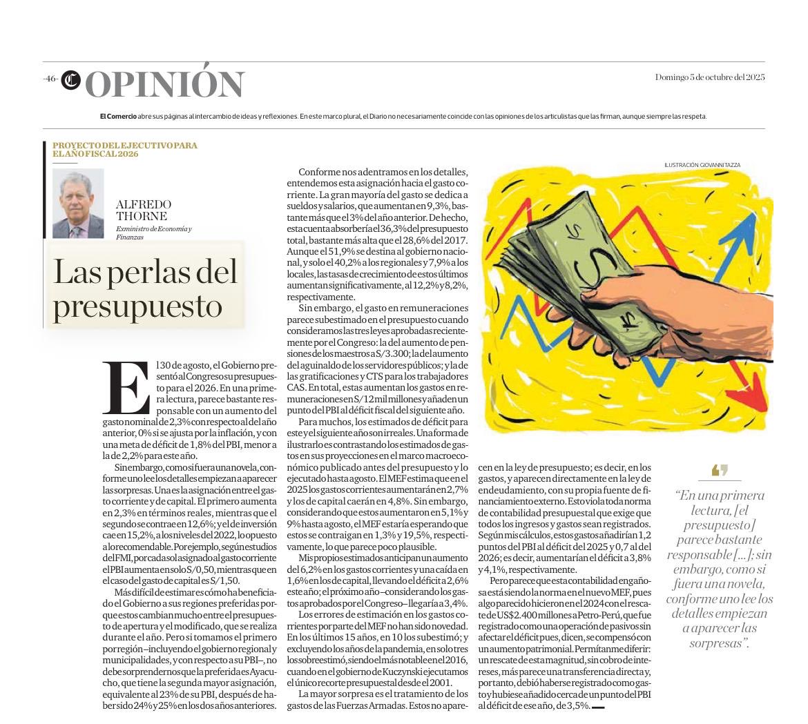 Comparto el artículo que publica ⁦<a href="/elcomercio_peru/">El Comercio</a>⁩ sobre las cuentas fiscales. Ha habido un deterioro significative de la institucionalidad fiscal y debilitamiento del ⁦<a href="/MEF_Peru/">Ministerio de Economía y Finanzas</a>⁩ . Es una grave herencia que dejan los gobiernos de Dina Boluarte y Pedro Castillo.