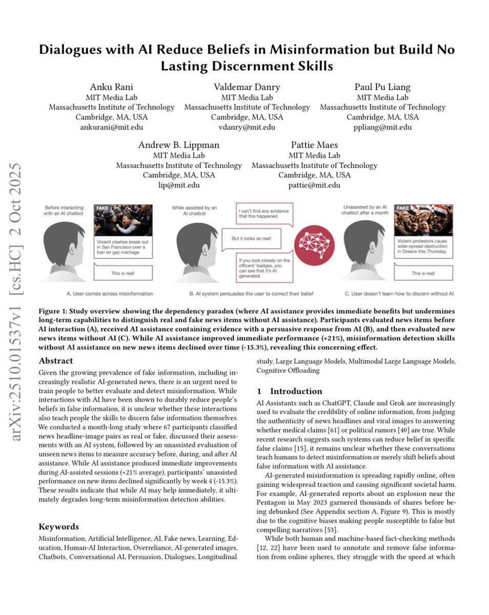 anku__rani's tweet image. 🗞️ Dialogues with AI Reduce Beliefs in Misinformation but Build No Lasting Discernment Skills

➡️ While interactions with AI have been shown to durably reduce people’s
beliefs in false information, it is unclear whether these interactions also teach people the skills to discern…
