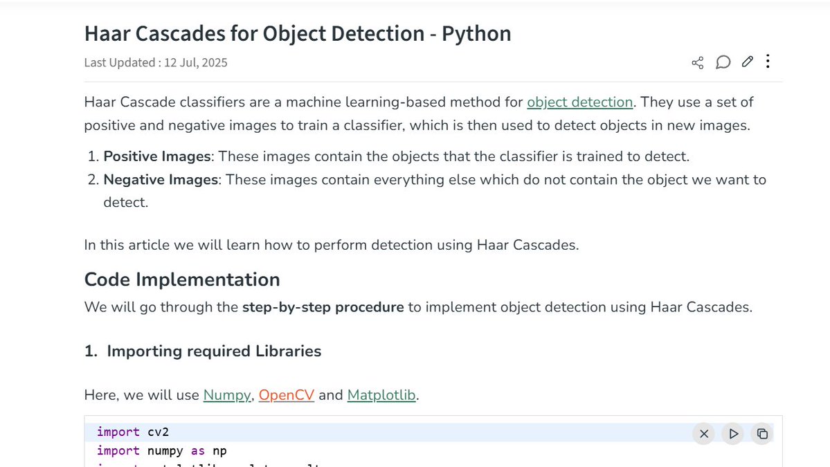 SamikshyaRB's tweet photo. #LUD8 Theory behind Haarcascade. It detects objects using Haar features (light & dark patterns), scans images at multiple scales, and A trained XML file (like
haarcascade_frontalface_default.xml) helps detect the object.#LearningUtsav2025 #FestivalOfLearning @learning_utsav https://t.co/plI3Ab6e3d