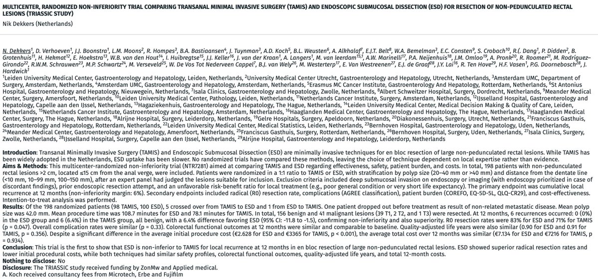 Fantastic abstracts from the colorectal session at #UEGWeek - top prize goes to the TRIASSIC trial, which shows that ESD is superior to TAMIS for the resection of large rectal polyps 🏆