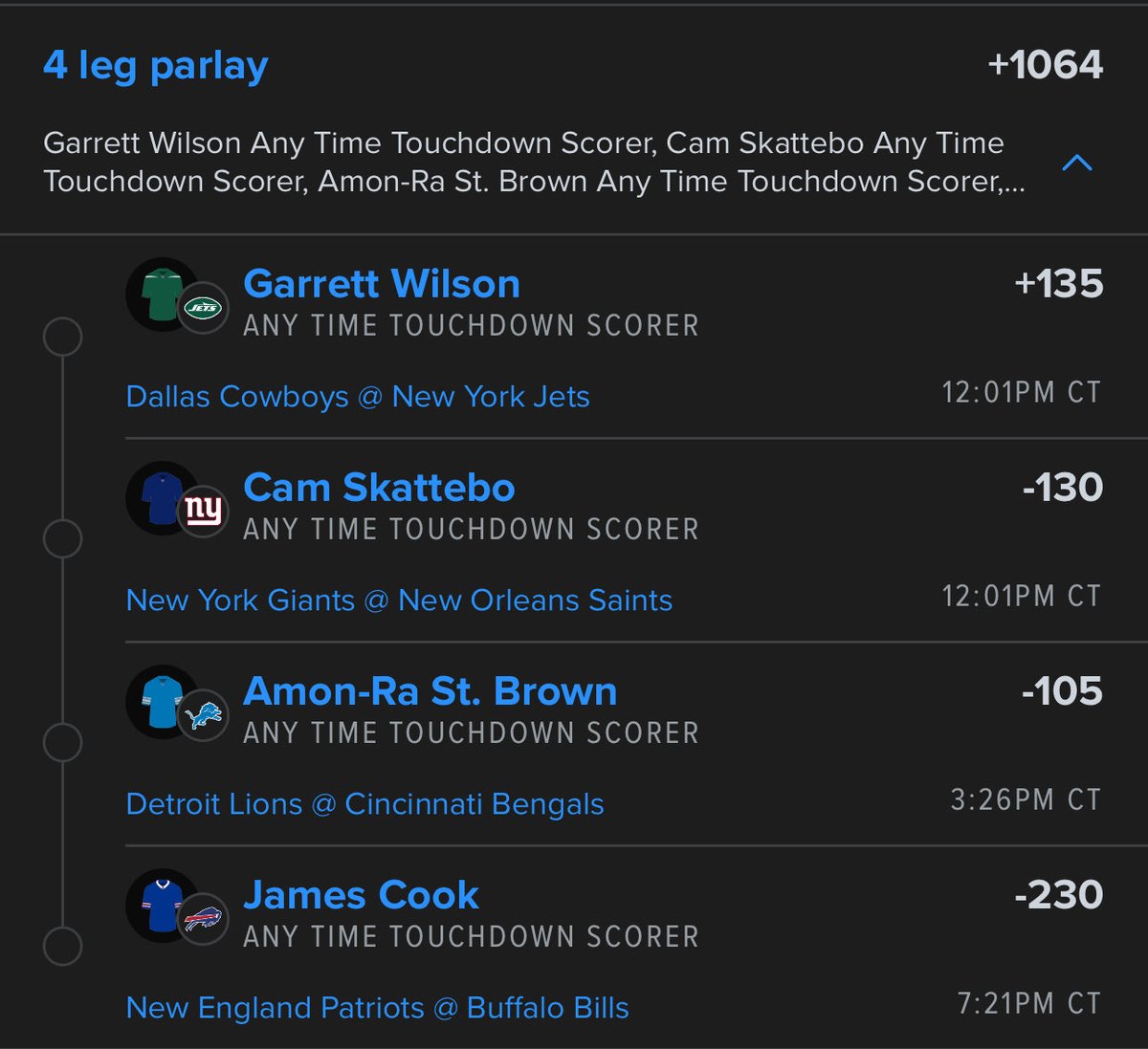 Oddsmensports's tweet photo. π¨ FREE PLAY π¨
4-Leg TD Scorer Parlay π₯ (+1064)
β
Garrett Wilson
β
Cam Skattebo
β
Amon-Ra St. Brown
β
James Cook
Letβs cash this one π°
Follow @Oddsmensports for more daily plays ππ
#GamblingTwitter #NFL #Oddsmen https://t.co/a712Ig8KAY