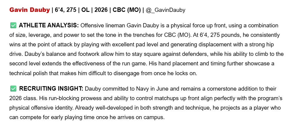 Gavin Dauby (@_gavindauby) on Twitter photo Thank you <a href="/sixstarfootball/">Six Star Football | PLUS+</a> for the write up! <a href="/CBCFootball/">CBCFootball</a> <a href="/ScottPingel10/">Scott Pingel</a> <a href="/NavyFB/">Navy Football</a>
Story: sixstarfootball.com/article/missou… Thank you <a href="/sixstarfootball/">Six Star Football | PLUS+</a> for the write up! <a href="/CBCFootball/">CBCFootball</a> <a href="/ScottPingel10/">Scott Pingel</a> <a href="/NavyFB/">Navy Football</a>
Story: sixstarfootball.com/article/missou…