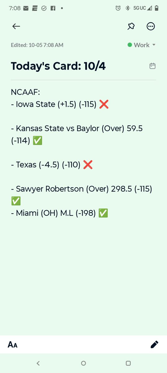 Saturday Recap: 10/4 (NCAAF)

- Iowa State (+1.5) ❌

- Kansas State vs Baylor (Over 59.5) ✅

- Texas (-4.5) ❌

- Sawyer Robertson (Over 298.5) ✅

- Miami (OH) M.L (-198) ✅

Solid day overall 🔥 We’ll take the wins and build on it heading into the weekend slate 💪
•
•
•