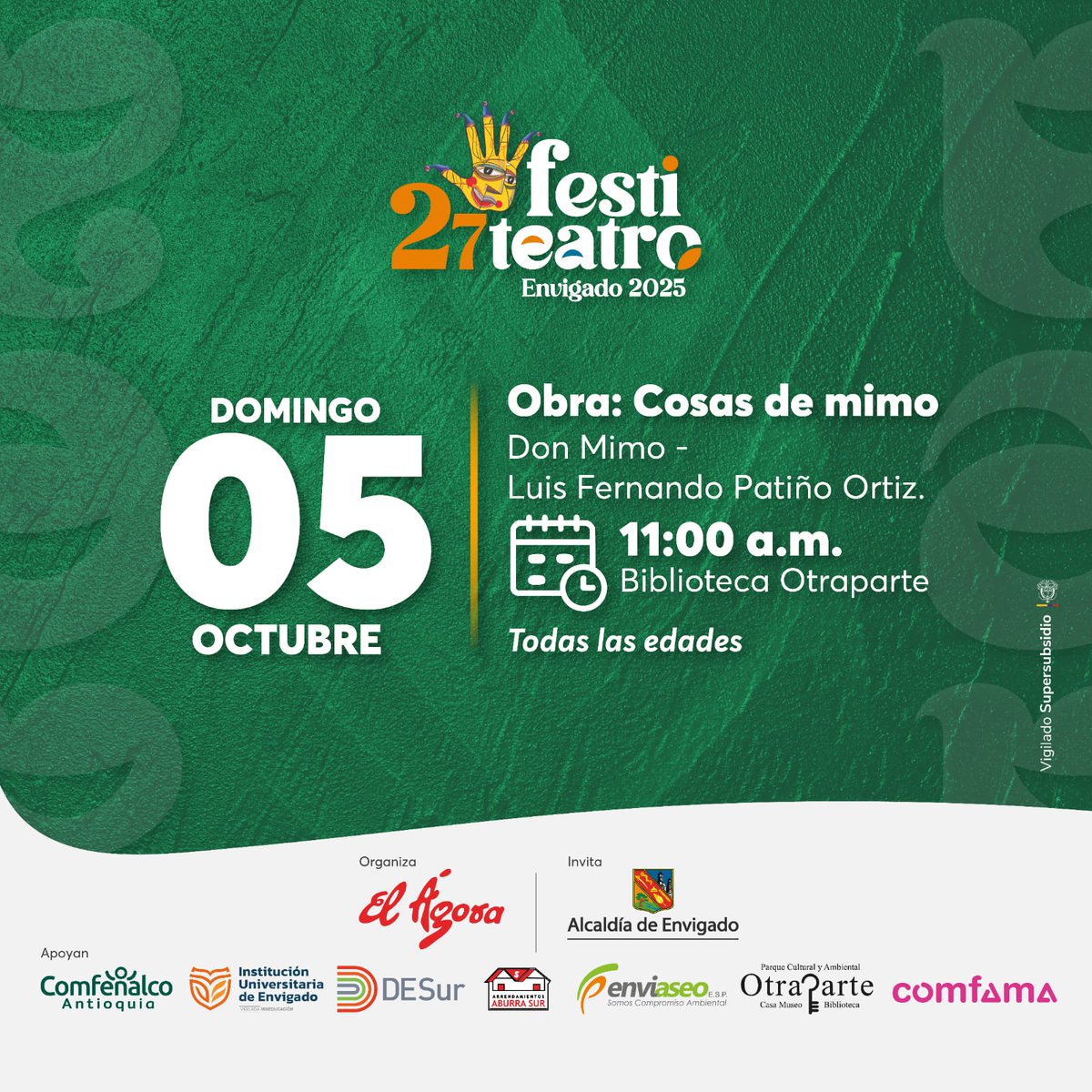 Hoy 11 am Biblioteca Otraparte. "Cosas de Mimo" con Luis Fernando Patiño Ortíz "Don Mimo". 
Gracias a <a href="/AlcaldiaEnv/">Alcaldía de Envigado</a> <a href="/RaulCardonaENV/">RaúlCardona Envigado</a> #CulturaEnvigado <a href="/Comfama/">Comfama</a> <a href="/Enviaseo/">Enviaseo E.S.P</a> <a href="/IUEOficial/">Institución Universitaria de Envigado</a> #DESur <a href="/AburraSur/">A. Aburra Sur</a> <a href="/ComfenalcoAnt/">Comfenalco Antioquia</a>