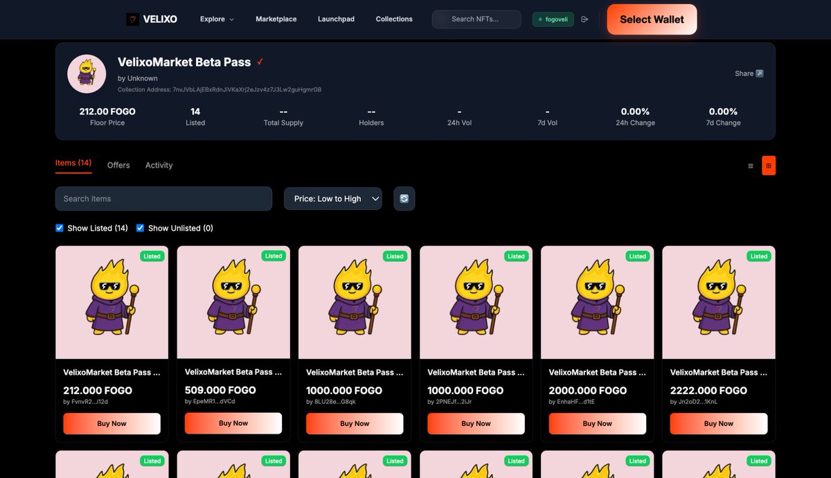 VelixoMarket quietly went live on its private beta testnet 3 days ago.

You can already see the first Beta Pass collection listed, floor sitting around 212 $FOGO right now With Just 14 listed.
These passes will likely gate early testing, feedback, and feature access before the