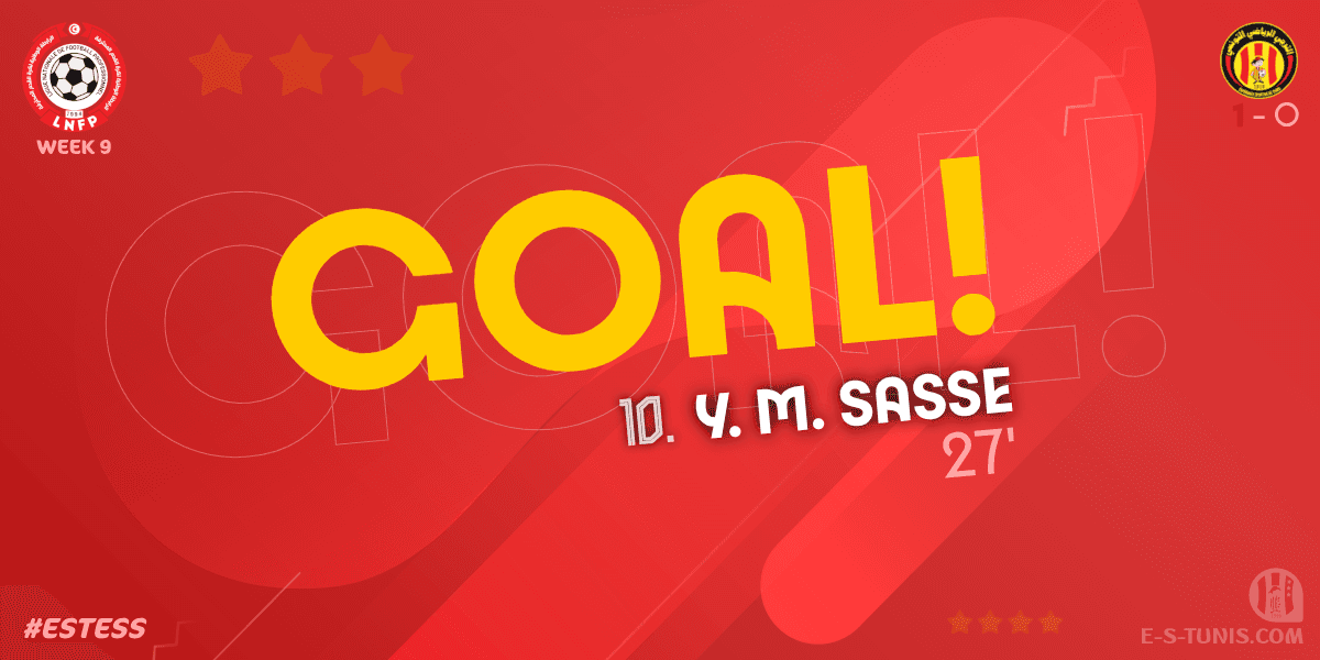 ESTuniscom's tweet photo. ⏱ 27' | #Ligue1Tn🇹🇳 Week 9 #ESTESS | @ESTuniscom 1⃣-0⃣ #ESSahel : ⚽️ Y. M. Sasse (EST) scores! / هدف / But https://t.co/b9g3S8GGnc