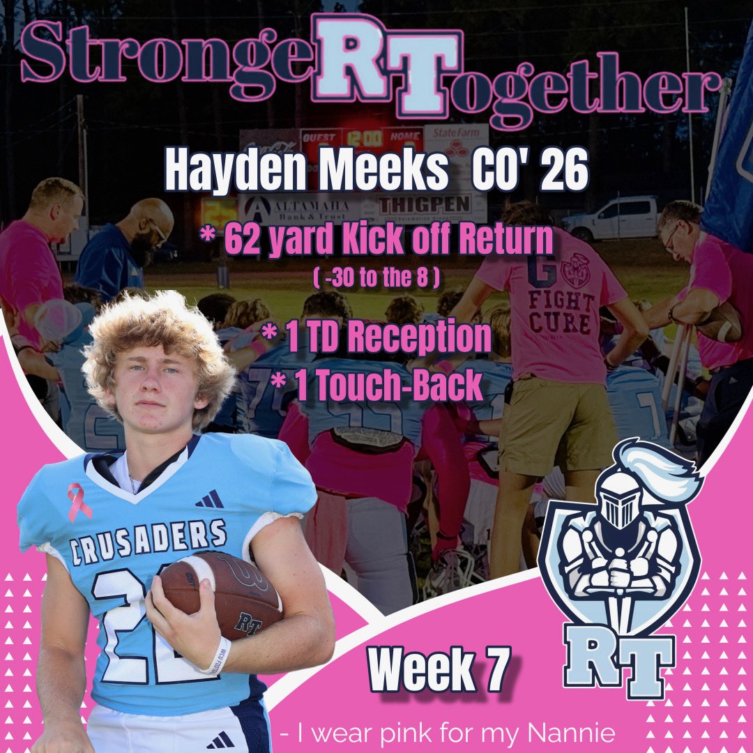 HaydenMeeks_22's tweet photo. Week 7 Highlights: Friday night was about more than just football for me. I had the opportunity to take the field to represent my team, my self, and my grandmother. #ToughGuysWearPink #RTCA #ClassOf26 @Coach_kwebb @CoachHallUNCP @CoachNelsonESA @CoachLuMorris @coachmorrison58 https://t.co/IZrvCGDYoI