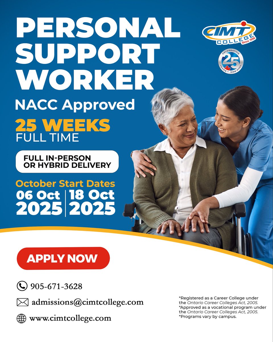cimtcollege's tweet photo. PSW Program Starting This October at CIMT College!
Kickstart your career as a Personal Support Worker in just a few months!
📍
🔗 Visit: https://t.co/54x0SFTahM
📲 Link in bio!

#PSWProgram https://t.co/Vosb9M6Wap