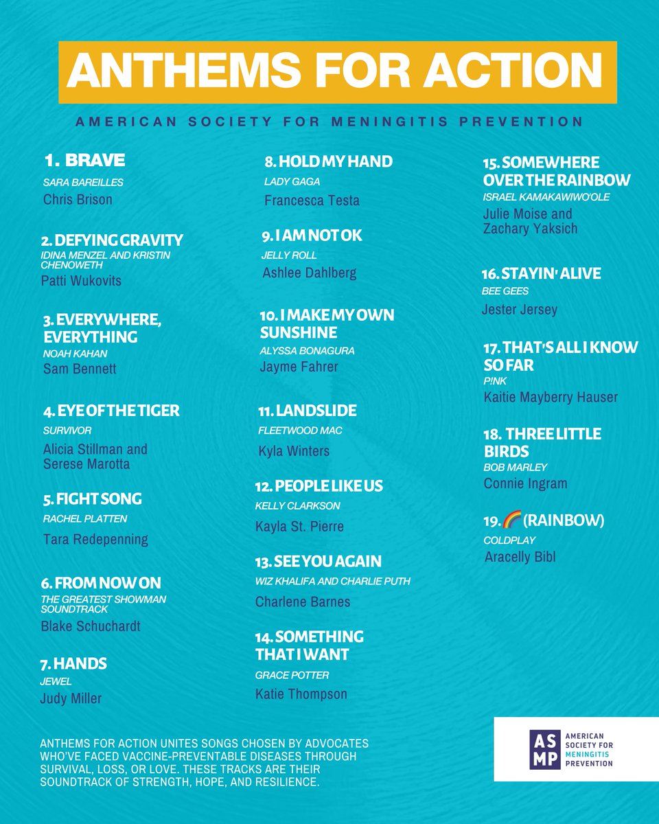 𝐀𝐧𝐭𝐡𝐞𝐦𝐬 𝐟𝐨𝐫 𝐀𝐜𝐭𝐢𝐨𝐧 is officially LIVE! 🎶💜

It's #WorldMeningitisDay and we are so proud to share this incredible new playlist curated by advocates who have survived or lost a loved one to a vaccine-preventable disease like #meningitis.

Today, we use the power