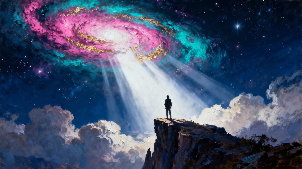 p_chusaengsri's tweet image. A silhouetted figure stands on a cliff, gazing at a colorful galaxy with rays of light piercing the night sky.
#CosmicWonder #SilhouetteDreams #GalacticView #NightSkyMagic #CliffsideContemplation
