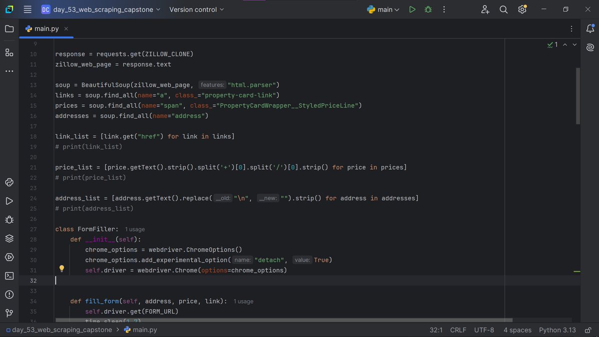 bluedev_py's tweet image. Day 53/100 – Intermediate+
> Web Scraping Capstone – Data Entry Job Automation
> Built a bot that scrapes data from a website and auto fills it into a Google Form using BeautifulSoup and Selenium WebDriver
#100DaysOfCode
#pythonprogramming
#pythononlinetraining