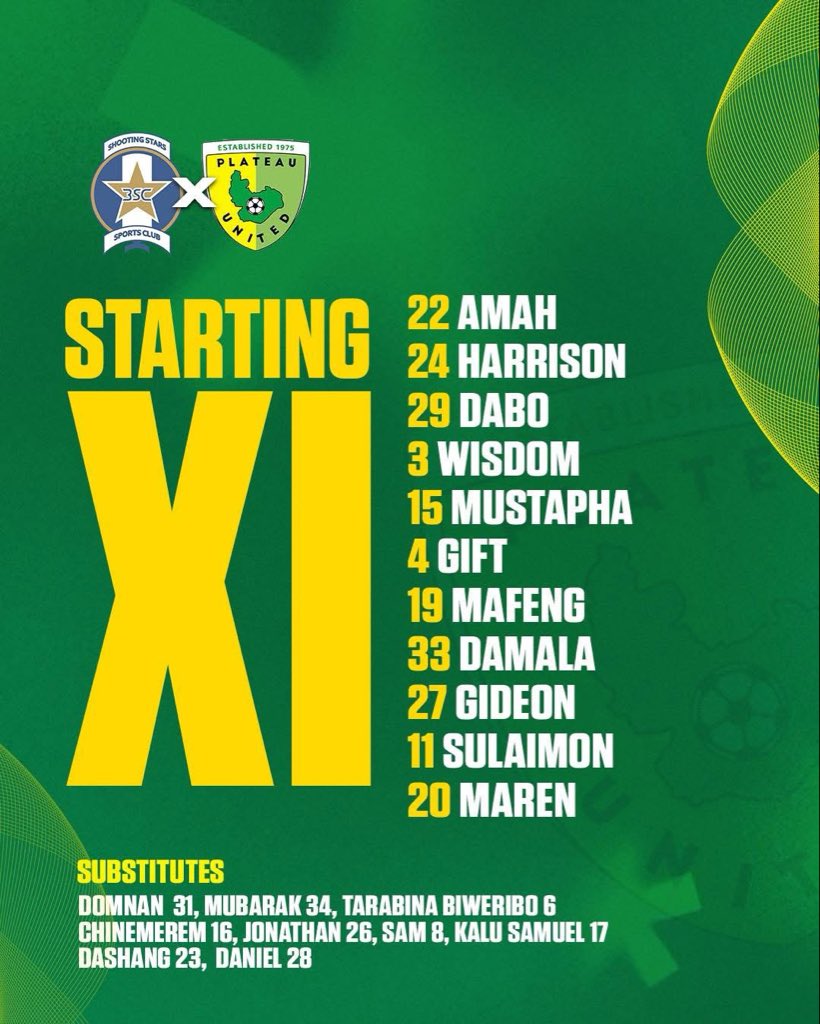 oyosportsnews's tweet image. NPFL26 MD7
Shooting Stars vs Plateau United 
#TeamLineUp