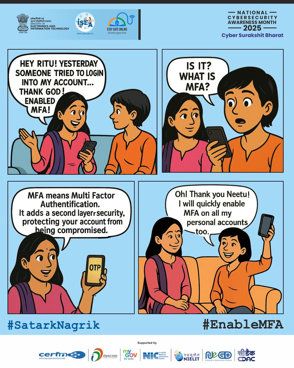 InfoSecAwa's tweet image. #RakshakTales
"🔑 MFA: Extra Shield for Security 🛡️"
#CyberSecurity #DataProtection #EnableMFA #SatarkNagrik #CyberAwareness #StaySafeOnline #DigitalSafety #CyberSurakshitBharat #InfoSec #FraudPrevention