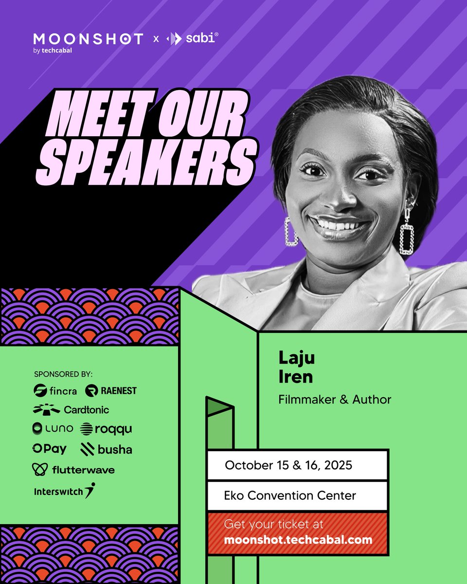 TechCabal's tweet photo. We are pleased to announce @LajuIren as a Speaker for Moonshot 2025 🚀🥳

Laju Iren is a filmmaker, author, and preacher who best describes herself as The Lord’s Storyteller. A former journalist with The Vanguard, she transitioned into full-time writing and speaking, publishing five books, training hundreds of writers, and earning recognition as a best-selling author. She is the founder of the Christian Storyteller Prize, Africa’s premier award for Christ-centered stories, and the writer, director, and producer of her debut film Love is a Star.Passionate about impact beyond storytelling, Laju also leads Have You Eaten? An initiative dedicated to feeding, saving, and empowering the less privileged, including victims of terrorism in Northern Nigeria.

Join founders, innovators, and operators as they share the challenges, wins, and strategies behind Africa’s most exciting tech ventures. Gain lessons you can apply, perspectives that inspire, and a chance to connect with the people shaping the continent’s digital future.

🎟️Tickets are available now at https://t.co/XAoAlrRUwx

#moonshot2025 #MoonshotbyTechCabal #BuildingMomentum