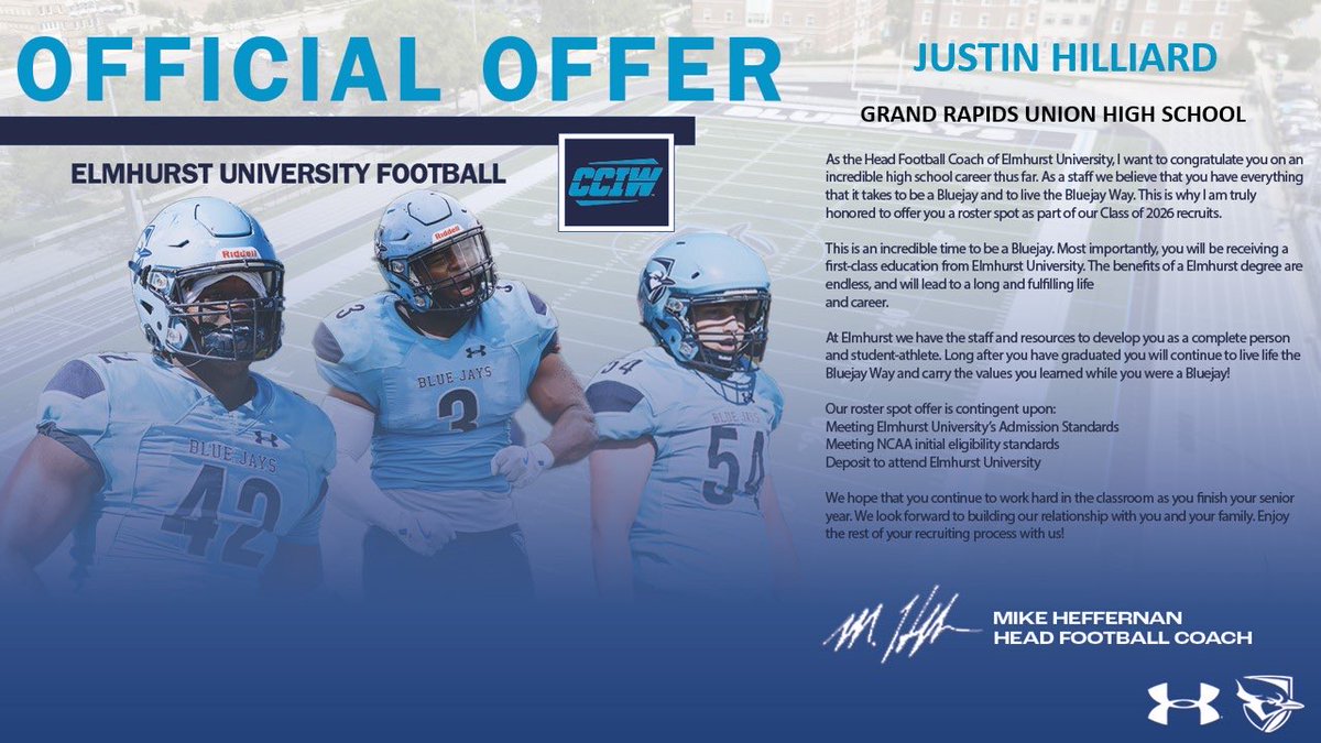 JTHilliard11's tweet photo. After a great talk with @Coach_Tahaney I am blessed to receive my first offer from Elmhurst  University!
@ElmhurstU_FB @Coach_Heffernan @CoachCCeletti30 @CoachTreschitta @MichFBFrenzy @MIexposure @TheD_Zone @JamohnM @coachandrews_ 
#AGTG https://t.co/ob6T3cEAO7