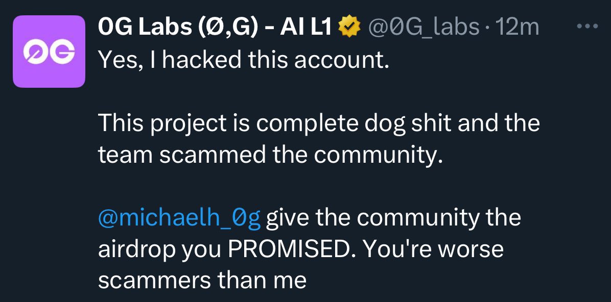 Screenshot of the hacked 0G Labs Twitter post admitting the hack and criticizing the team
