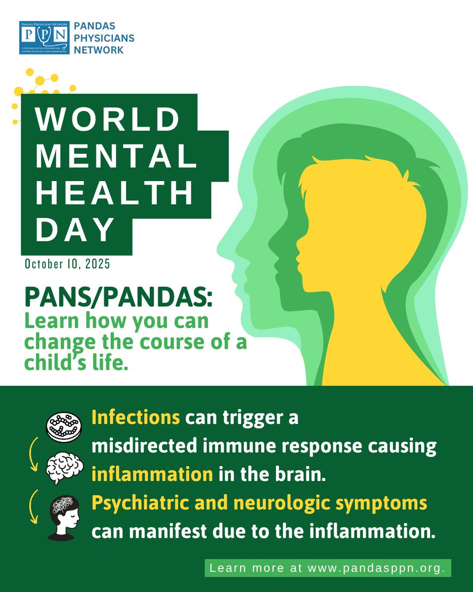 PANDASPPN's tweet image. It&apos;s World Mental Health Day! Did you know that psychological distress can be triggered by a misdirected immune response that causes inflammation in the brain? Learn about the infection connection and how PANS/PANDAS impacts a child&apos;s life at pandasppn.org. @WMHDay