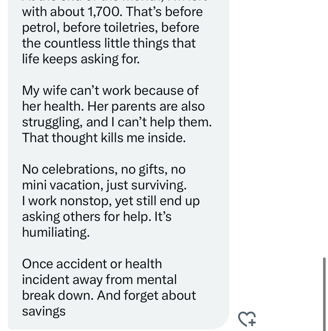 HKurusee's tweet photo. A 32 year old man working in an SOE, earning 20K/month.
7.5K rent, 1.5K utilities, 2K family support, 1K loan, 1K internet, 2K food, 3.3K college.
Left with 1.7K before petrol/toiletries.
No celebrations, no savings. Just surviving. Close to a mental breakdown. #MvInflation https://t.co/SnKxfmu4iP