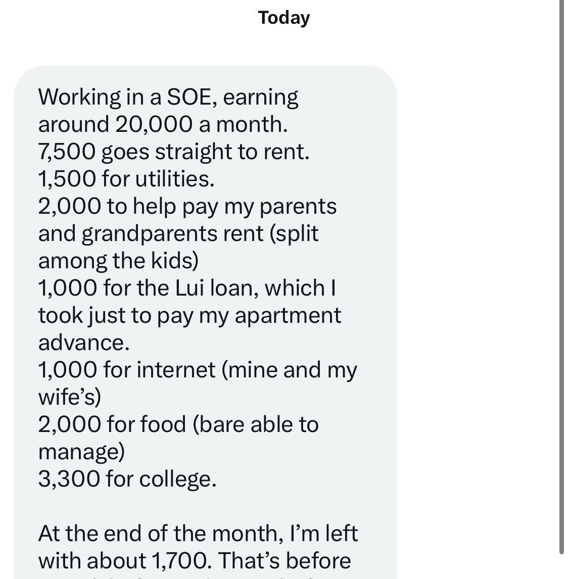 HKurusee's tweet photo. A 32 year old man working in an SOE, earning 20K/month.
7.5K rent, 1.5K utilities, 2K family support, 1K loan, 1K internet, 2K food, 3.3K college.
Left with 1.7K before petrol/toiletries.
No celebrations, no savings. Just surviving. Close to a mental breakdown. #MvInflation https://t.co/SnKxfmu4iP