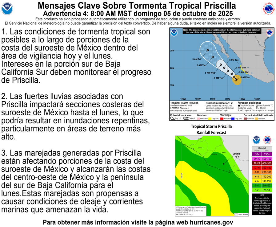 NHC_Pacific's tweet photo. 10/5 8am MST Tropical Storm #Priscilla key messages: Tropical storm winds are possible, heavy rain and dangerous surf are expected, for portions of the coast of #Mexico.  More information: https://t.co/Oy8uoeSibM https://t.co/TmmuVamj8c