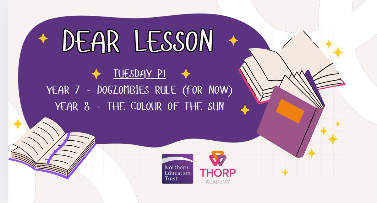 Tuesday P1 is this week's DEAR lesson! 📚

Year 7 - Dogzombies Rule (For Now)
Year 8 - The Colour Of The Sun

Please remember to bring your reading book and workbooks with you!📚

#DropEverythingAndRead