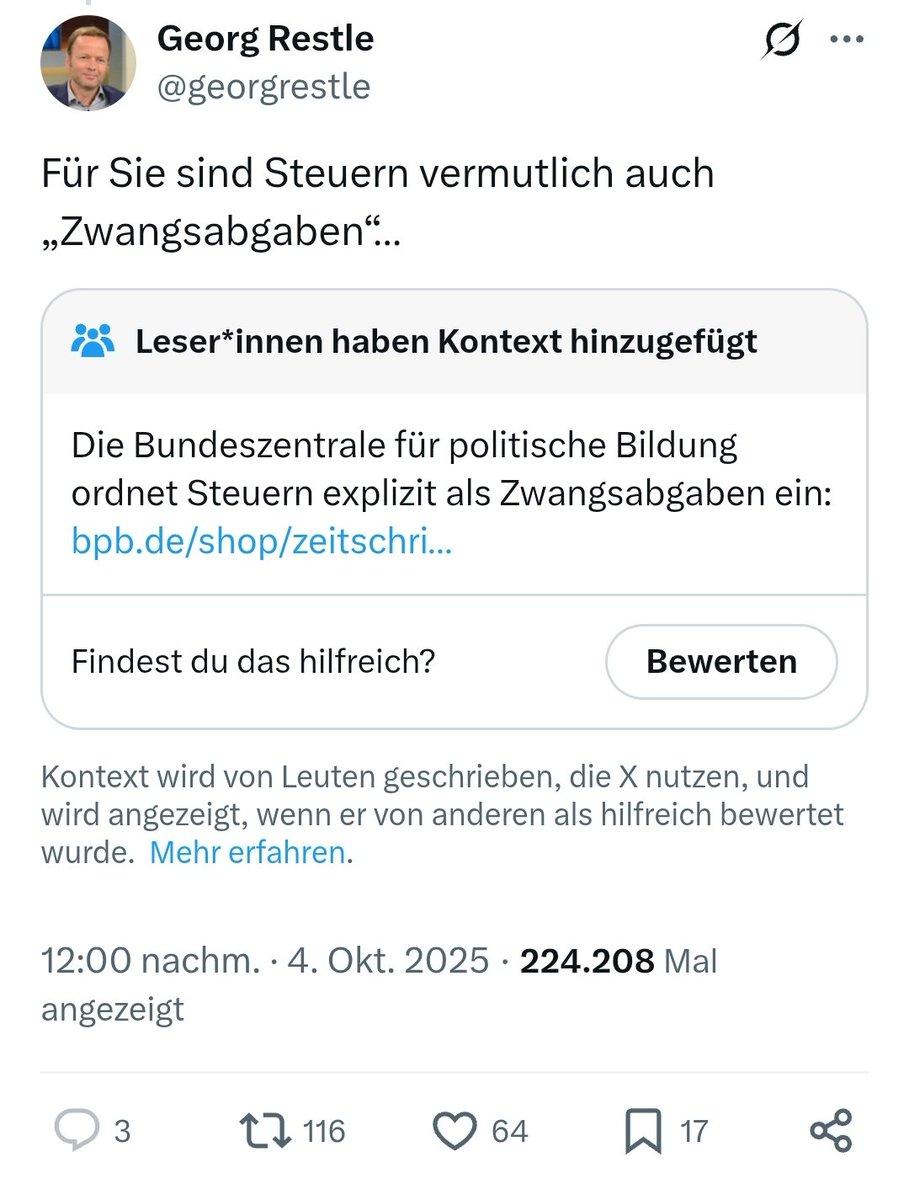 18,36 Euro im Monat 😏
Um einen völlig unfähigen und weltfremden Wasserkopf zu allimentieren 🤨

Reform oder Untergang, mir ist beides recht!