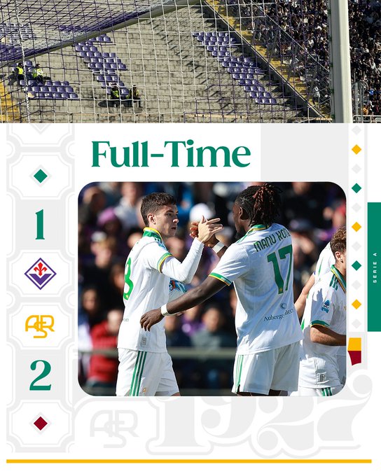 Soccer players in white jerseys with green and red accents, including one with the number 17, celebrating on a field. A stadium crowd and goal net are visible in the background. The text overlay reads "Full-Time" with a score of 1-2 and logos including AS Roma.