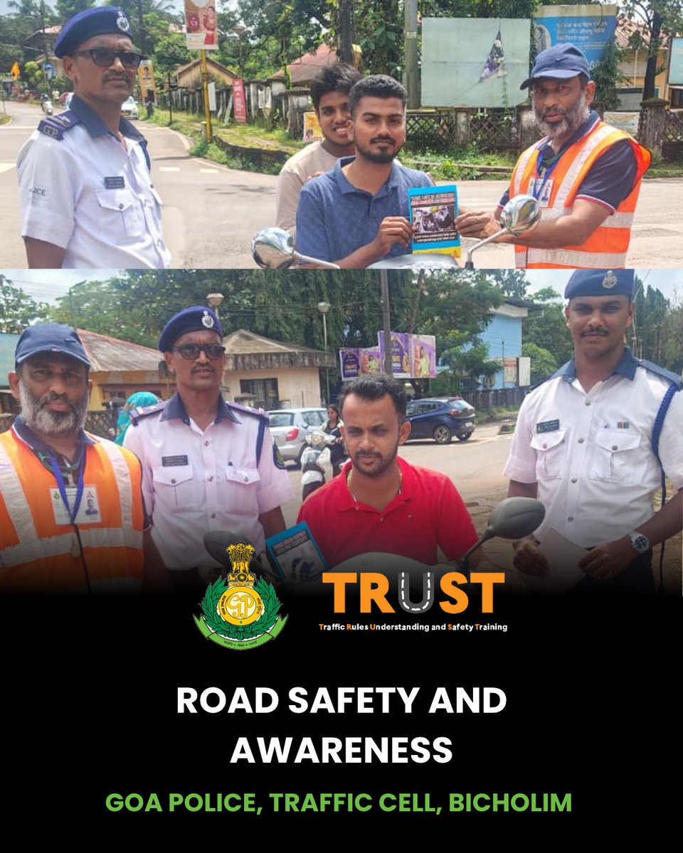 Goa_Police's tweet image. Road Safety Awareness Campaign
Traffic Cell Bicholim, along with Traffic Warden Sitakant Kamat, conducted a road safety awareness campaign at Sanquelim, spreading the message of safe driving and responsible road use. 🚦👥
#GoaTrafficPolice #RoadSafety #TrafficAwareness…