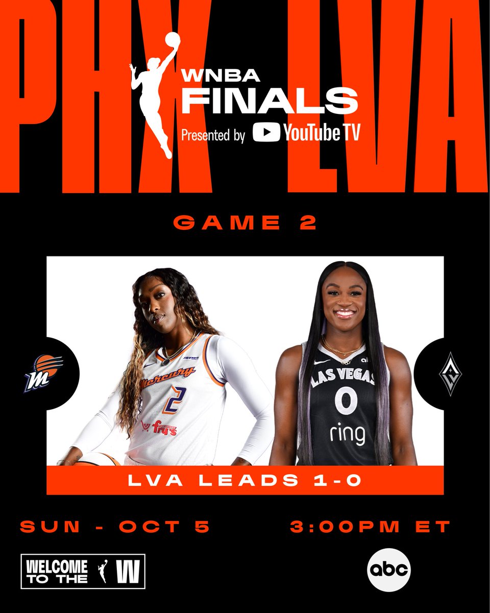 WNBA (@wnba) on Twitter photo The chase continues ππ₯
The <a href="/LVAces/">Las Vegas Aces</a> lead the series 1-0 as the <a href="/PhoenixMercury/">Phoenix Mercury</a> look to even things up β catch all the action today at 3pm/ET on ABC!
#WNBAFinals presented by <a href="/YouTubeTV/">YouTube TV</a> The chase continues ππ₯
The <a href="/LVAces/">Las Vegas Aces</a> lead the series 1-0 as the <a href="/PhoenixMercury/">Phoenix Mercury</a> look to even things up β catch all the action today at 3pm/ET on ABC!
#WNBAFinals presented by <a href="/YouTubeTV/">YouTube TV</a>
