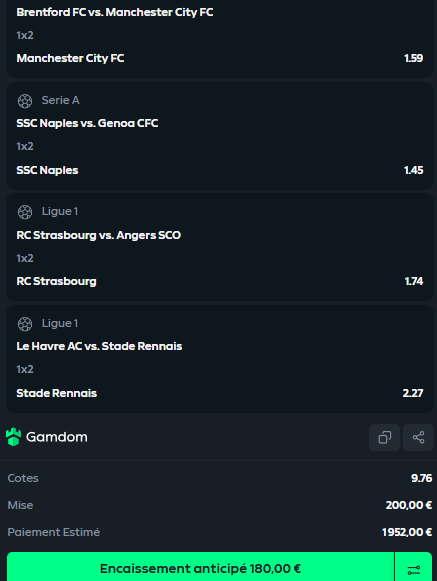 COMBI FOOT 17H ⚽️
ON A PERDU UNE GUERRE PAS LA BATAILLE 🔥

🎯 CITY + NAPLES + STRASBOURG + RENNES @ 9.76

#TeamParieur
