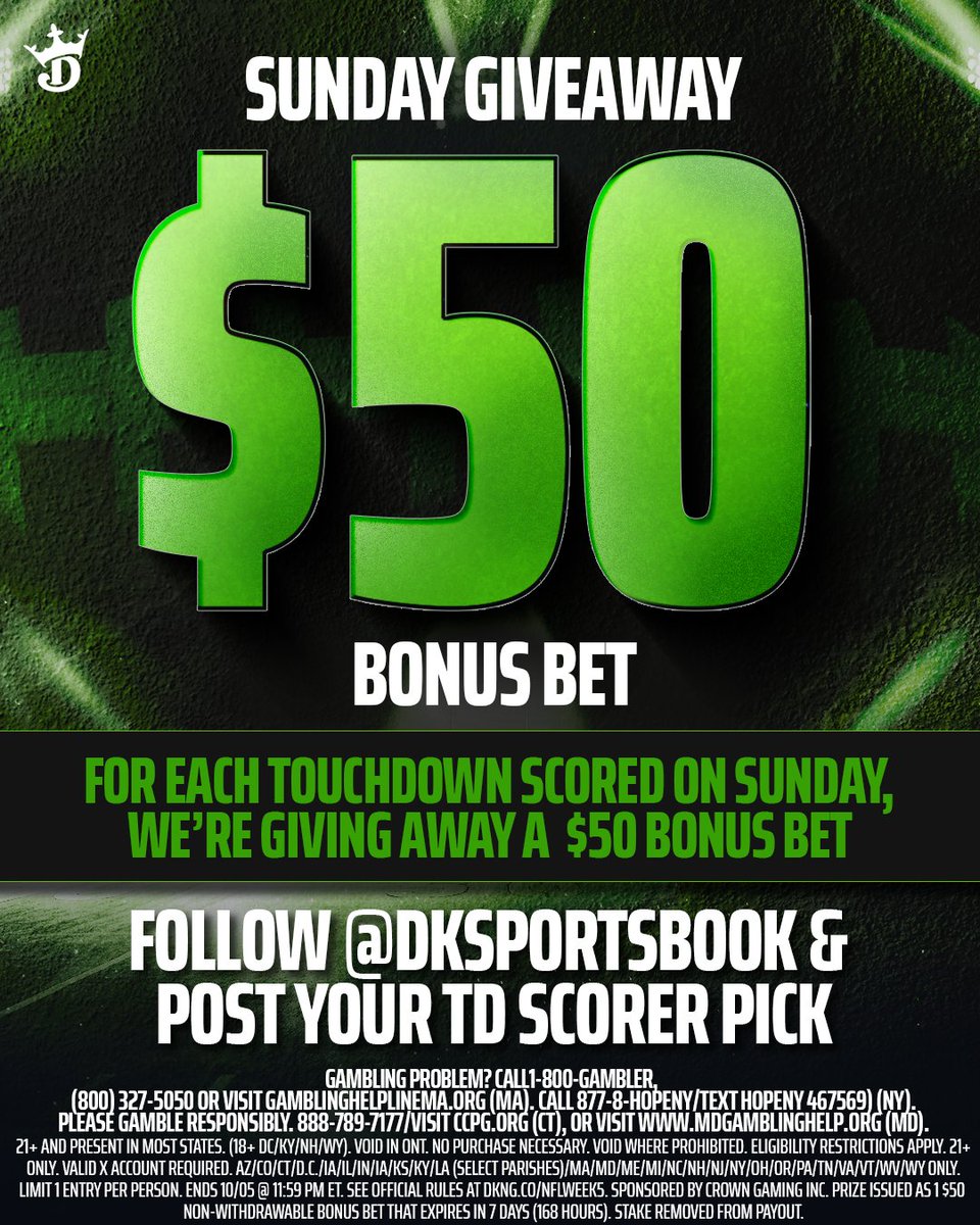 WE ARE SOOOOOO BACK 🏈 

Y'all know the drill at this point: Sunday TDs mean Monday Bonus Bets. For every touchdown scored today we'll give away one $50 bonus bet. To enter, simply:
1. Follow <a href="/DKSportsbook/">DraftKings Sportsbook</a> 
2. Post your anytime TD pick

GOOD LUCK