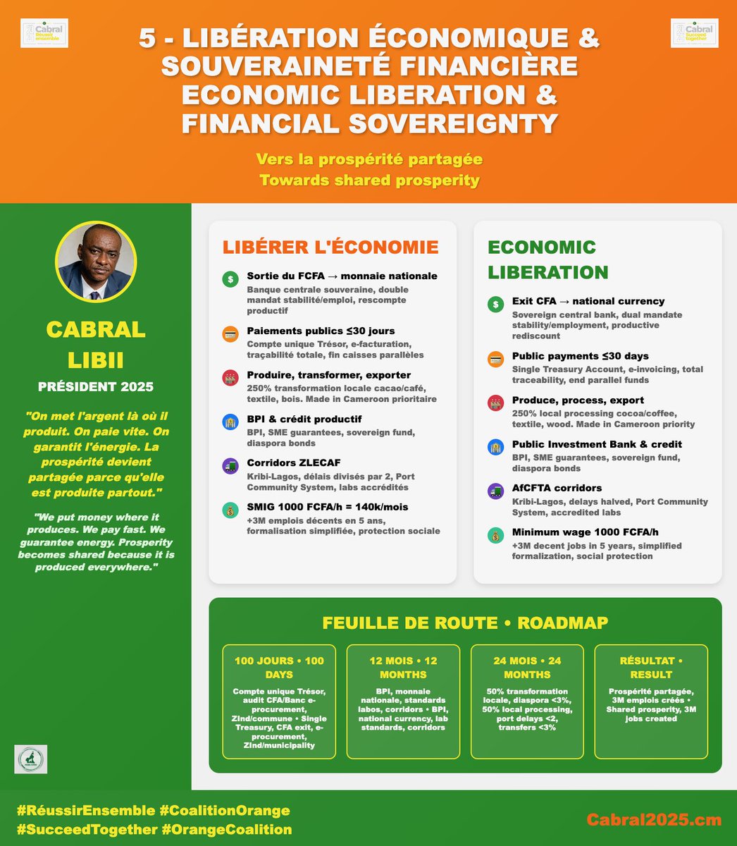 Pcrn_Officiel's tweet image. 🟧✊🏾 Cameroon is rich, yet its people remain poor. With @CabralLibii: national currency, local transformation, public payments &amp;lt;30 days, minimum wage 1,000 FCFA/h, public investment bank.
👉🏾 cabral2025.cm

#succeedtogether #orangecoalition
