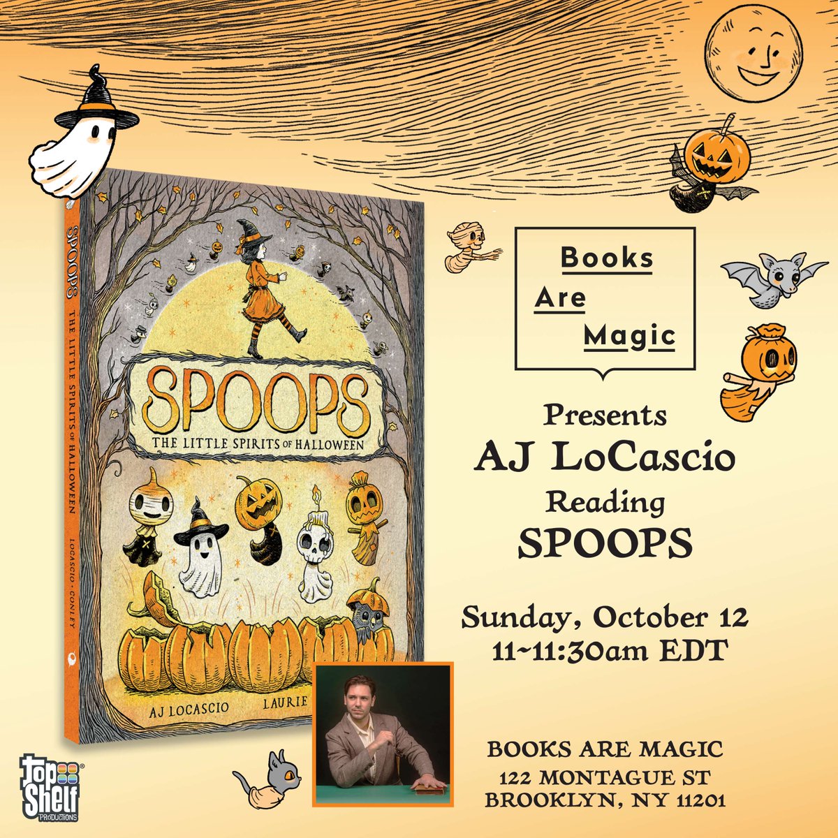 topshelfcomix's tweet image. Join @AJLoCascio for Storytime!

Discover the whimsical magic behind Halloween in this timeless new illustrated fable!

We'll see you at Books are Magic, on 10/12 at 11:00 AM.

This is a free event! Get a ticket to confirm your spot: ow.ly/h3Xg50X6Li2

#Spoops #Halloween