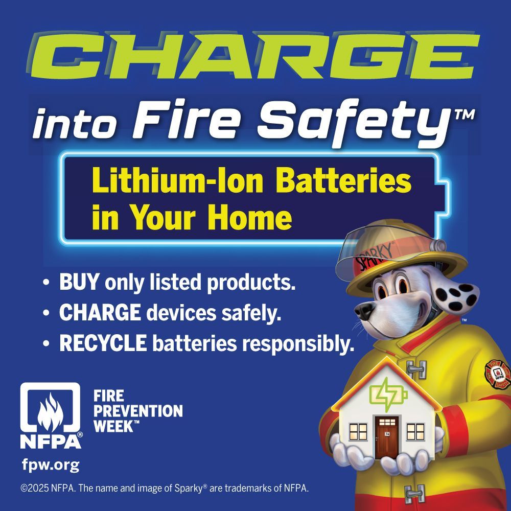 PIOSBCFireInfo's tweet image. The Santa Barbara County Fire Department is teaming up with the National Fire Protection Association (NFPA) to promote this year&apos;s Fire Prevention Week, October 5-11, &quot;Charge Into Fire Safety: Lithium-Ion Batteries in Your Home.&quot;  Help us spread the word about making smart…