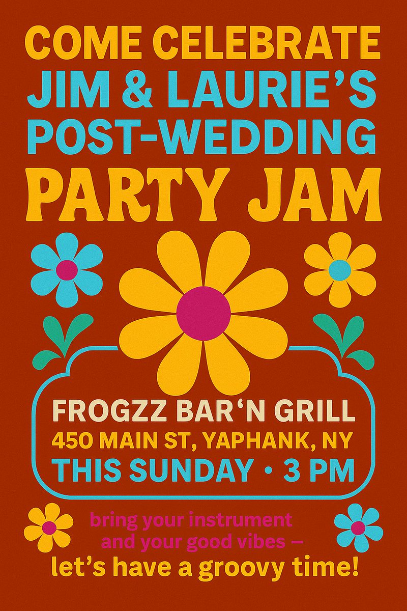 💍🎸 Big love to Pete Colt for holding down the fort while I got married!
This week it’s Jim &amp; Laurie’s Post-Wedding Party Jam — come celebrate with us at Frogzz this Sunday at 3PM!

#SundayFunday #JustMarriedJam #OpenMic #LiveMusicLI #FrogzzBar #JimAndLaurie #GratefulGrooves
