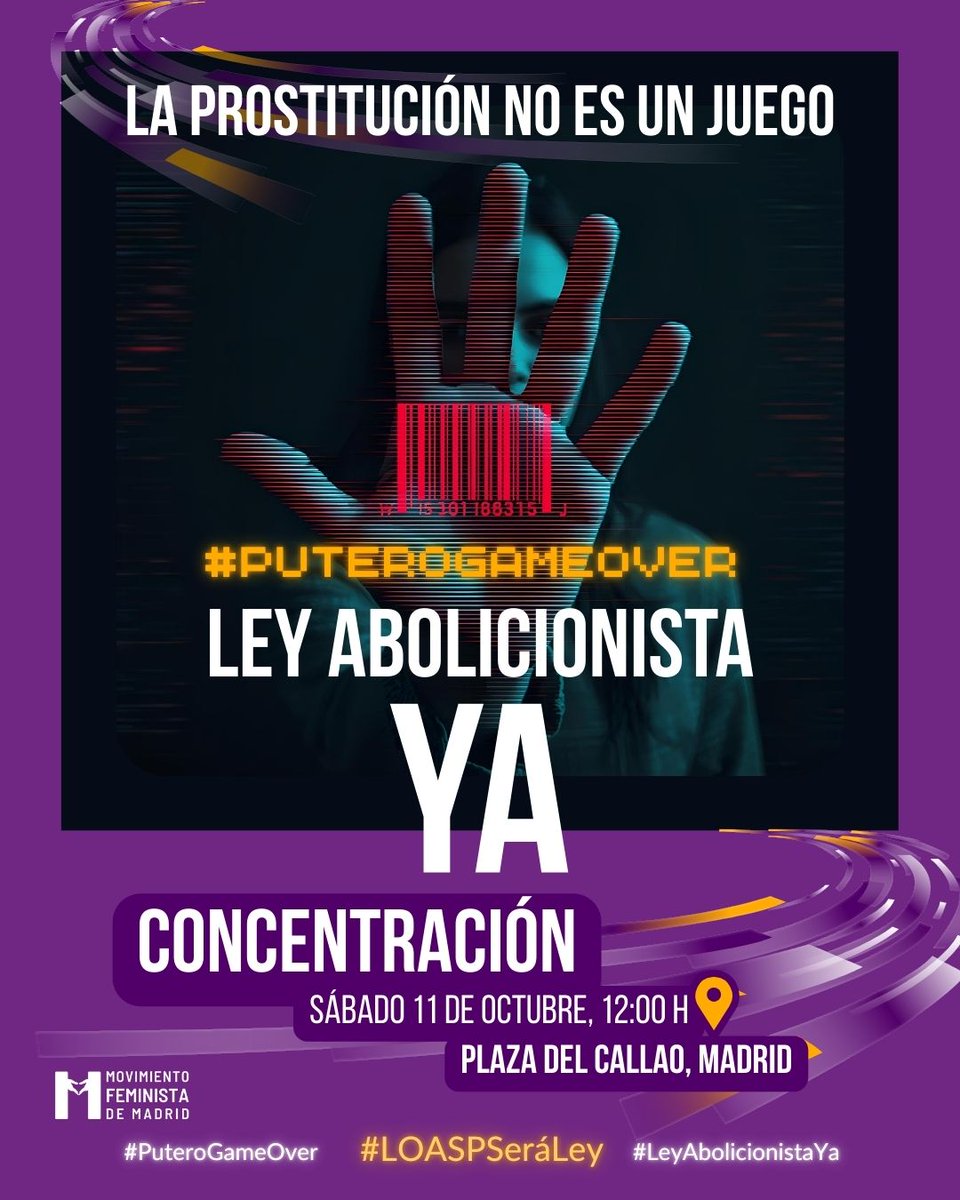 💥Compañeras de <a href="/femcanarias/">Feministas Canarias 🇮🇨</a>, que se sumarán a la concentración por la #LeyAbolicionistaYa: ¡gracias‼️
🙋‍♀️Por una vida libre de violencia sexual para las mujeres, ¡pasa a la acción y únete también, es importante!
📢CONCENTRACIÓN🗓️11 Oct-12:00h-Callao
#PuteroGameOver #LOASPSeráLey