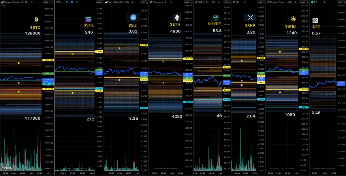 BTC、SOL、SUI、SETH、HYPE、XRP、BNB、$2Zを含む複数の暗号の清算レベルを示すチャート