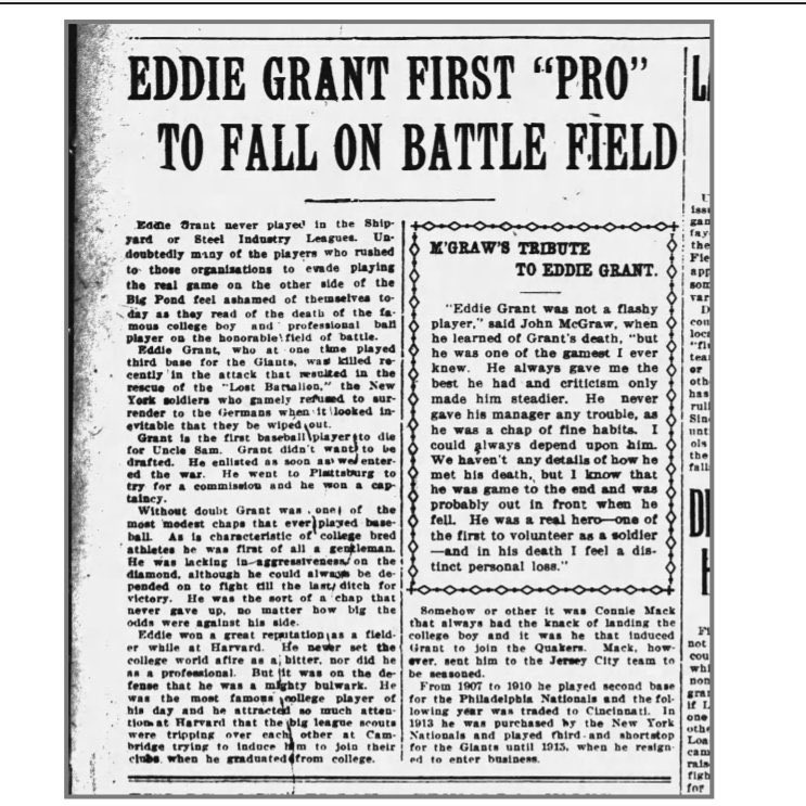 BaseballandLaw's tweet photo. Paying the ultimate sacrifice...

MLB 3rd baseman Eddie Grant, @Harvard_Law '09, was the 1st player killed during World War l. He was killed by German fire trying to rescue the "Lost Battalion" on 10/5/18

Read about Capt Grant on p 227 in "Attorneys in the Baseball Hall of Fame" https://t.co/m39Nc1QmAy