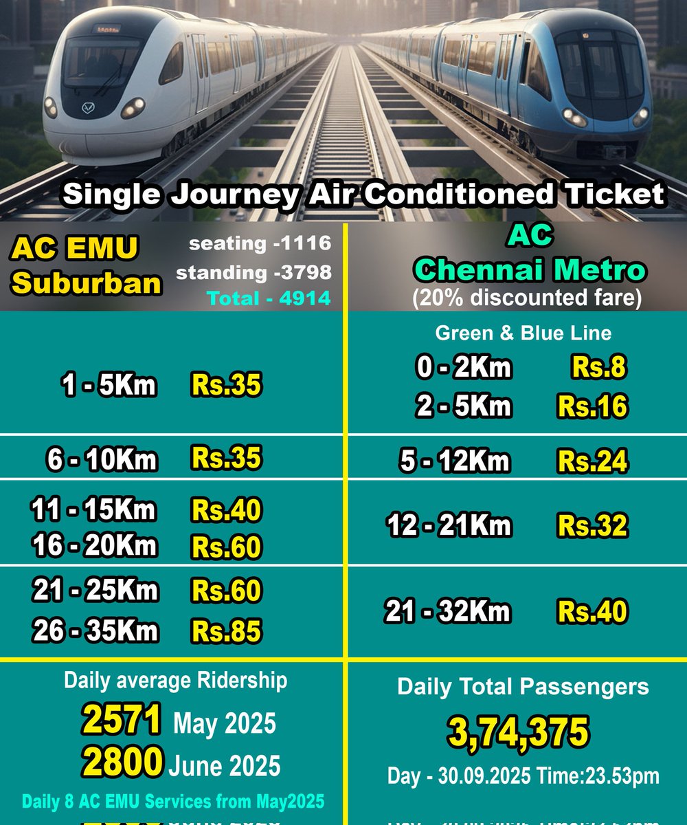 Dayanand Krishnan (@dayatiger197312) on Twitter photo <a href="/UpdatesChennai/">Chennai Updates</a> #ChennaiMetro #Cheapest #SingleJourney AC #PublicTransport @ Rs.8 (0-2km)
In Contrast AC EMU FARES
#SingleJourney #AC_EMU Fares Costlier than ChennaiMetro.
Operating Daily 8Services of AC EMU with 12Car #passenger_capacity 4914
but Daily average #Ridership is just 2800(June 2025) <a href="/UpdatesChennai/">Chennai Updates</a> #ChennaiMetro #Cheapest #SingleJourney AC #PublicTransport @ Rs.8 (0-2km)
In Contrast AC EMU FARES
#SingleJourney #AC_EMU Fares Costlier than ChennaiMetro.
Operating Daily 8Services of AC EMU with 12Car #passenger_capacity 4914
but Daily average #Ridership is just 2800(June 2025)
