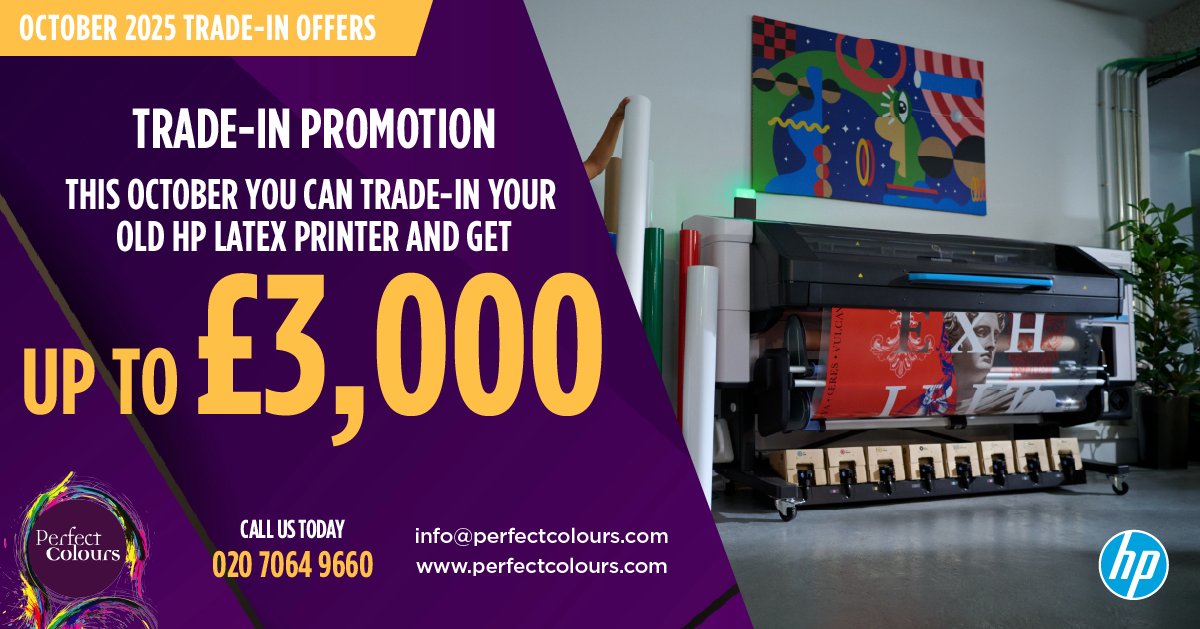 perfectcolours's tweet image. We&apos;ve got an amazing October @HPUK trade-in offer - order a new HP Latex printer and you could trade in your old HP Latex for up to £3,000. 

What are you waiting for? 

Call us now on 020 7064 9660 

#wideformat #printer