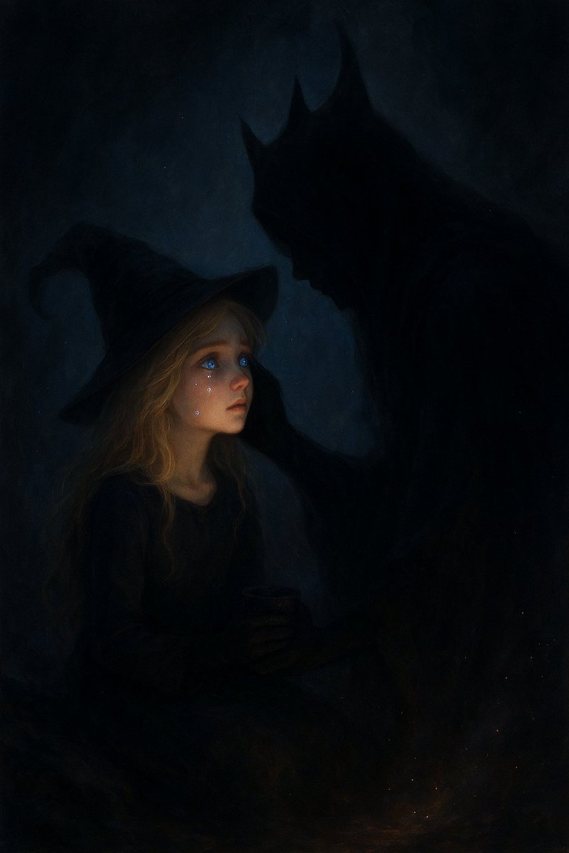 An_Uta7's tweet photo. Darkness drew closer to the Little Witch, and it felt as if the entire Universe was holding its breath. Like a living, dense mist, it wrapped the space around them, shifting and shimmering with soft, invisible waves. The Little Witch lifted her gaze—her blue eyes glimmered in the darkness, and diamond tears rolled down from them, like shards of stars falling from the sky. Each tear slipped silently into the abyss, leaving behind a faint silver trail.

Darkness bent down, and for a moment its shape became feminine—a tall silhouette, soft lines, a mysterious crown of shadows. It gently touched the Witch’s cheek with a hand clad in a velvet glove, and the touch smelled of night roses, old silk, and something primordial, ancient.

“Do not be afraid,” said Darkness, its voice scattering in echoes, dissolving into space and time like a bell tolling in an empty valley. “You know, all that is greatest is born in Darkness. I was there at the dawn of the worlds. I was with you when you grew in your mother’s womb. Blind musicians and painters create their masterpieces in the dark, and even the stars are born in the void of space.”

The Little Witch’s tears fell into the emptiness, transforming into tiny fireflies that drifted slowly away, lighting the black depths. She tried to call for help—in the Darkness floated names, faces, events, memories, but each one dissolved into the void, as if the vacuum devoured her voice. It felt like a cry sinking into a dream, leaving only a faint echo.

Darkness ran its hand through her hair, strands of which softly glowed as though they had absorbed the moonlight.
“Breathe,” it said gently. “Those you call to have betrayed you before. Don’t wait for an answer. Don’t. Those who betrayed once will betray again. Those who lied will lie again. Their deceit may be as vast as the ocean, but you are not part of that deceit. You are light.”
Darkness carefully tucked a lock of the Witch’s pale hair behind her ear; its glove slid across her skin, leaving a sensation of warmth, as though the night sky itself had touched her.
“Listen,” it whispered.

And at that moment, Darkness filled with the music of the Universe. At first it was a faint hum, like the breathing of space itself; then came the deep tones of a cello, as profound as the Earth, and rare, crystalline trills of a flute. The Little Witch froze in awe—she felt as though she stood among stars that not only shone but also sang.
“You have never destroyed anything,” Darkness whispered now, its voice like the wind in the treetops. “You have never caused pain. You cannot control the feelings of others. You are not responsible for the castle of lies the Viking built. You are not responsible for the battles of the Pandaren. You did not carve his soul for years. Now is the time to accept and understand who you want to be…”

Within the music voices emerged. They sang of great battles, of Valhalla, of lost heroes. Their sound was like golden threads strung between worlds, weaving straight into the soul.

“Look,” said Darkness, stepping back.

The Little Witch saw she was not alone. All around her, like in mirrors, stood hundreds, thousands of others—not ghosts but people and beings she had known, had forgotten, had loved. They did not give up. They sang one song, but each in their own tongue. Their hands reached out to her. Among them were those who had once walked beside her, who had fought, who had supported her.

“I have been with you from the very first second,” said Darkness. “I chose you out of millions. Stay with me. Stay whole with yourself until the next battle.”

Darkness leaned closer and gently embraced the Little Witch, wrapping her in a velvet cloak that smelled of the night forest, old rain, and the smoke of fires.
“Just a little longer—and you will be reborn,” it whispered. “You do not know the power you already possess.”