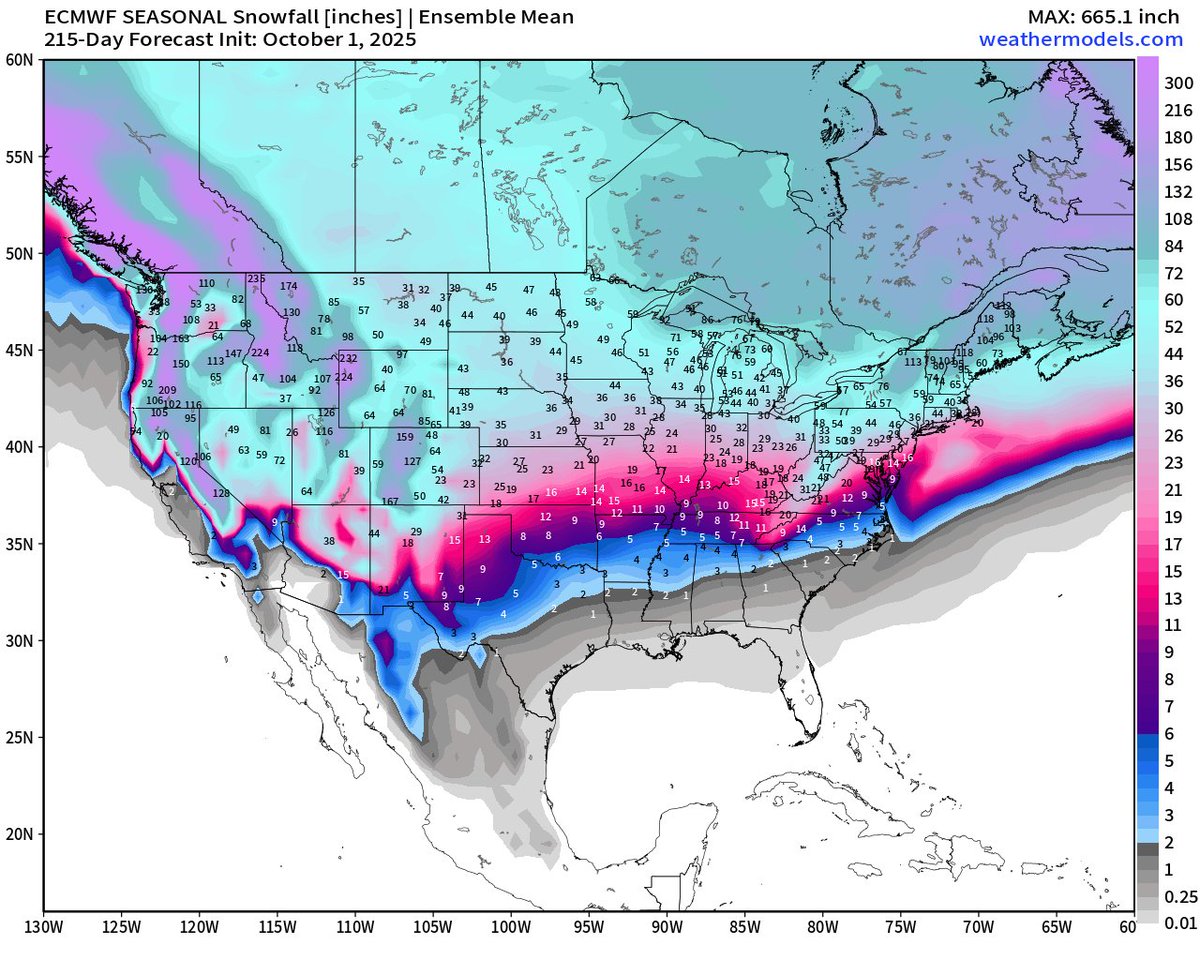 Today is "seasonal forecast" day from ECMWF and new output is available for entire Winter of 2025-2026

On average, how much snow will you receive this winter -- from the model ensemble mean?

0.4° grid spacing