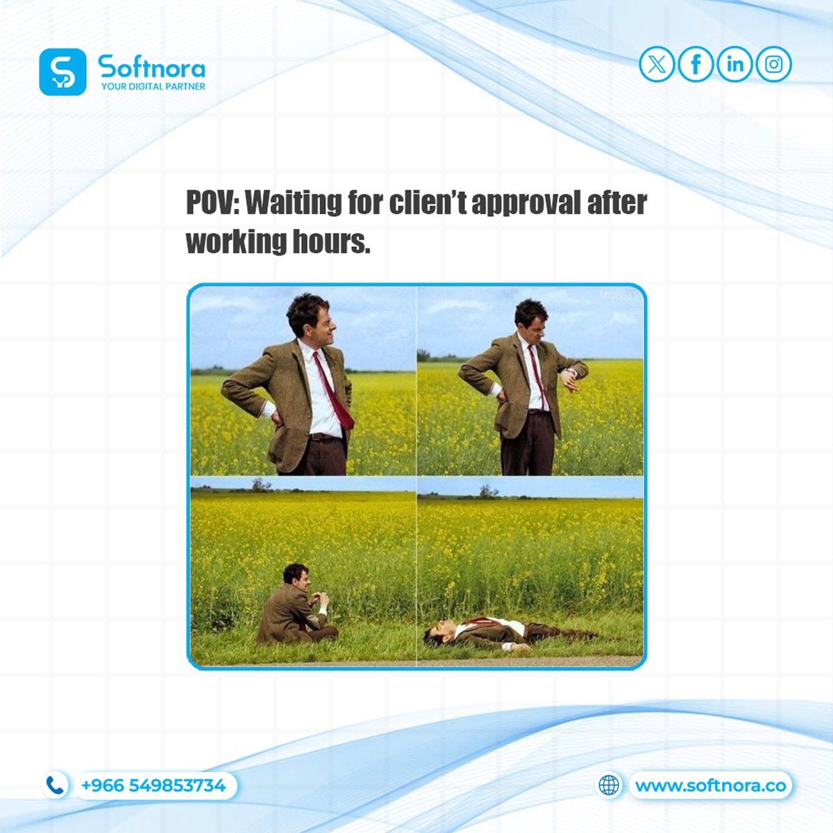 softnora_co's tweet image. POV: The endless wait for client approval begins...
Read the full content on comment box
#Softnora #DigitalMarketing #GraphicDesignHumor #DesignerLife #AgencyLife #ClientApproval #WorkLife #CreativeAgency #MarketingWithHumor #BrandingExperts