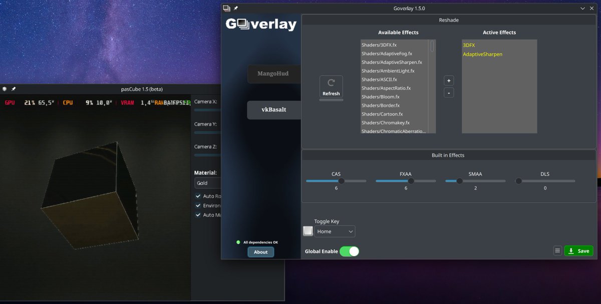 🚀 GOverlay 1.5.0 is out!
🎮 vkBasalt is back — better than ever!
🧊 Meet pasCube, the new OpenGL demo cube now integrated with GOverlay (beta).
Perfect for testing ZINK + vkBasalt effects on Linux! 💪🐧
🔗 github.com/benjamimgois/g…
#LinuxGaming #vkBasalt #MangoHud #OpenGL #ZINK