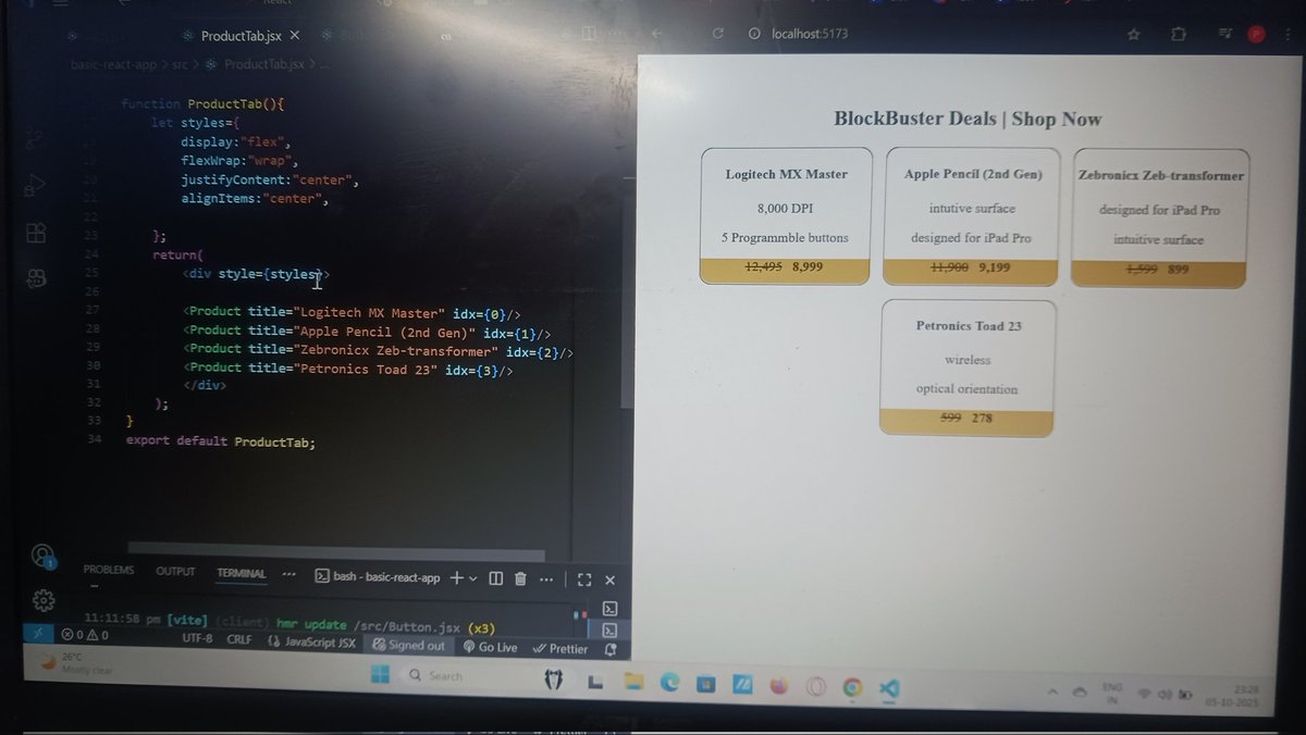 KomalPachouri1's tweet image. Day 89 of Sigma8.0 🚀
Today I created Amazon Cards using everything I’ve learned in React so far! ⚛️
Also explored —
🟢 React Developer Tools
🟢 Handling Click & Non-Click Events
🟢 Event Objects ✨
#Sigma8_0 #ReactJS #WebDevelopment #100DaysOfCode @ApnacollegeX @ShradhaKhapra_